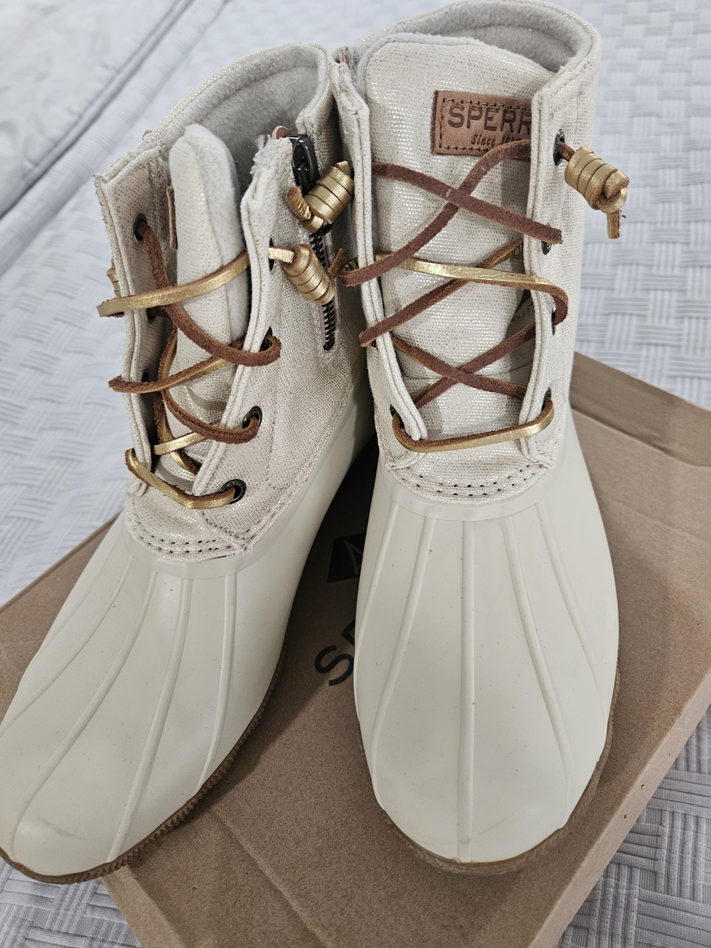 Sperry Light Cream Duck Boots with Gold Hardware - Picture 2 of 10